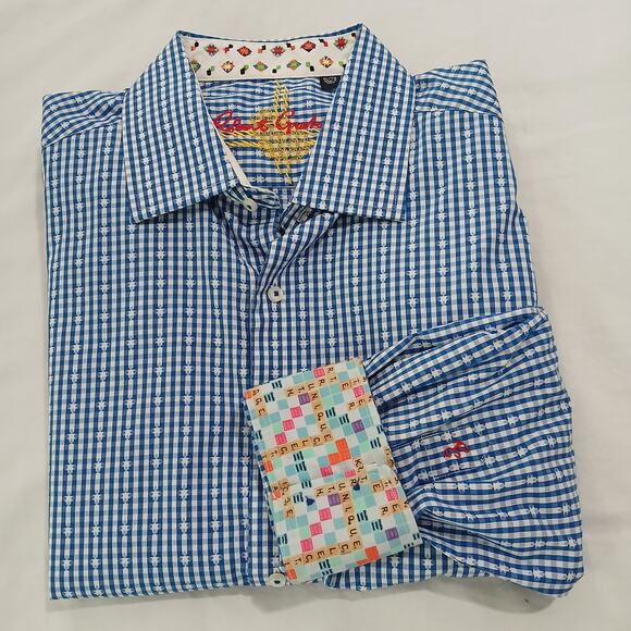 Robert Graham XL Flip Cuff Scrabble Tiles UNIQUE Blue/White Gingham Star Cotton - Picture 10 of 15